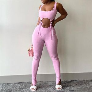 OMSJ Women Bandage Fitness Fashion Hollow Out Workout Two Piece Outfits Skinny Crop Top+Legging 2 piece Summer Solid Sets 210517