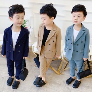 Spring Autumn Boys Double Breasted Suit Set Children Fashion Blazer + Pants 2pcs Outfit Kids Party Host Birthday Dress Costume on Sale