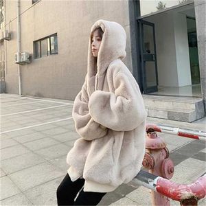 Kış Kalın Sıcak Faux Tavşan Kürk Kadın Uzun Kollu Kapşonlu Kürk Ceket Palto Moda Dış Giyim 211019