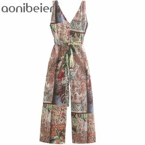 Moda donna stampata pagliaccetti estate senza maniche profondo scollo a V vita alta casual donna gamba larga tute con telai 210604