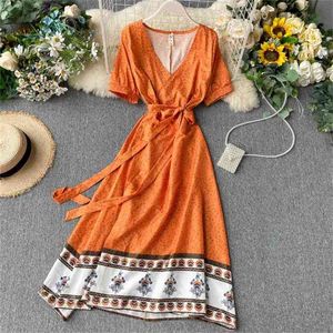 Mulheres bandagem vestido vintage verão manga curta v pescoço menino vestidos senhoras floral impresso laranja longa vestidos 210525