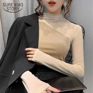 Vinter Fashion Bottoming Shirt Mesh Splicing Tops Slim Långärmad Halv Turtleneck Pullover Solid Shirts Blusas 11415 210528