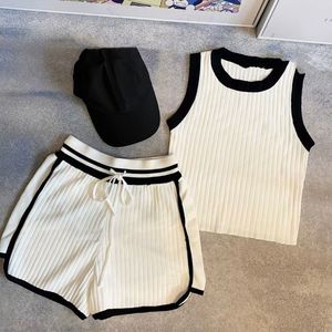 Women's Two Piece Pants knitted Short Set Sleeveless knit Vest Girl Elastic Waist Tracksuits Sweat Suit