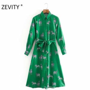 Zevity女性のファッション動物プリント長袖カジュアルシャツのドレスオフィスの女性の胸の弓サッシvestidoシックなドレスDS4408 210707