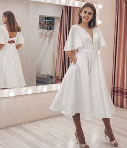 Wholesale tea tank resale online - Short Wedding Dress Simple With Bow Back Elegant V Neck Tank Sleeveless Tea Length Bridal Gown Robe De Mariee Charming Cheap Beach Civil