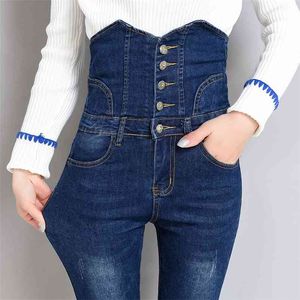 Super High Waist Slim Jeans för Kvinnor Vintage Ladies Plus Size Four-breasted Skinny Female Elastic Denim Pants 210514