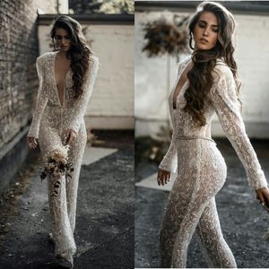 보헤미안 2021 jumpsuits 웨딩 드레스 레이스 아첨하는 신부 가운 깊은 V 넥 페르시 크리스탈 Boho Robes de Mariée