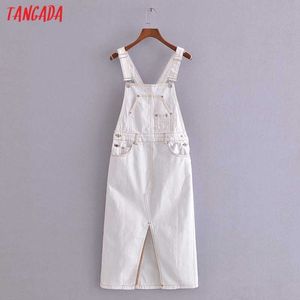 Tangada Fashion Women White Denim Loose Strap Dress Sleeveless Pocket Female Casual Dress 3H391 210609