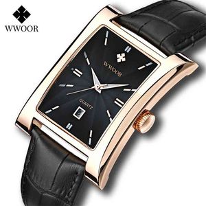 Wwoor relógio homens top marca luxo ouro preto quadrado relógios para homens couro impermeável data relógio de relógio de quartzo relógio de relógio de pulso 210527