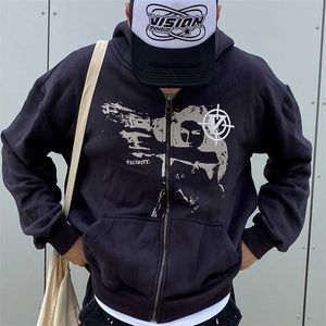 Anime Baskı Gotik Streetwear Uzun Kollu Siyah Zip Hoodie Y2K Grunge Giyim Kazak Kore Moda Punk Spor Coat Kazak 211230