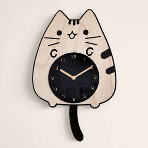 生きている木製の漫画の家の装飾の女の子子供の部屋猫の揺れ尾創造的な静かなスイング壁時計