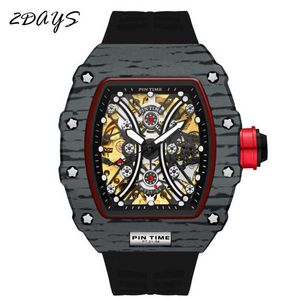 PINTIME Automatic Mechanical Watch Men Steampunk Skeleton Hollow Self-Winding Wristwatch Military Sports Silicone Strap Clock Q0902