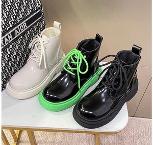 Donne Bounce Platform Lace-up Boots Bulky Arrotondato Scarpe in pelle BEIGE Nero Dimensioni verde con scatola