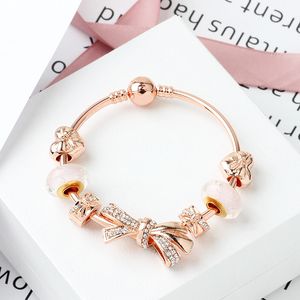 Wholesale rose gold beads resale online - Strands fashion rose gold shining bow bracelet cm love charm glass bead jewelry