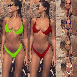 Sexy Low-Cut Micro Bikini Set Sling com Acolchoado Underwire Duas Peça Swimwear Mulheres Brasileiras Nadar Thong Beachwear 210604