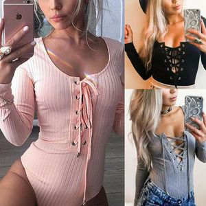 Frauen Sexy Bodycon Stretchy Stricken Bodysuit Dame Frühling Herbst Casual Solide V-ausschnitt Langarm Skinny Fit Bandage Trikot Top