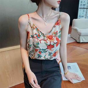 Yaz Kaşkorse Spagetti Kayışı Üst Kadın Halter V Boyun Retro Baskı Kolsuz Saten Ipek Tank Tops Kadın Y2K Top 210507