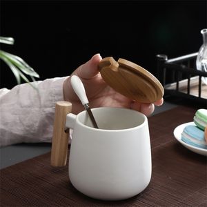 Nordic Style wooden handle Ceramic Cups Coffee Mugs Large capacity mug with spoon lid coffee tea cup home office drinkware 220311