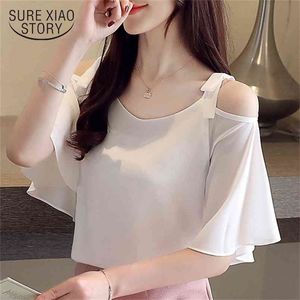 Летняя блузка для женщин с плеча белый шифон с короткими рукавами рубашки 4386 50 210506