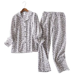 Pijamas De Algodon Xl al por mayor-Set de pijamas de leopardo vintage algodón cepillado ropa de dormir de invierno Franelette Pijamas para