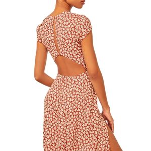 Bella Kobiety Lato Sexy Backless Midi Dress Vintage Drukuj Kwiatowy Split Boho Dress Casual Wakacje Lady Beach Dress 210730