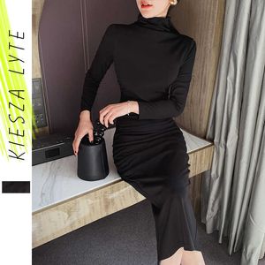 Spring Dress Solid Black Ruched Turtleneck Midi Party Fashion Slim Elegant es Vestidos Female 210608