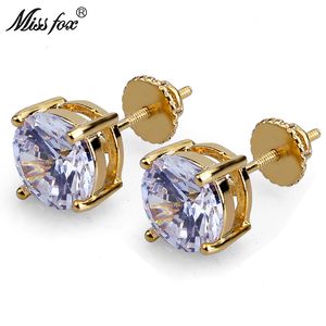 Hiphop Fashion Men's Stud Earrings 24K Gold Plated Round Zirconia Jewelry 8MM Piercing Male