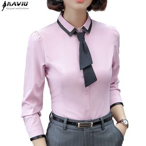 Ny mode kvinnor skjorta höst formell elegant lapptäcke slips långärmad smal blus kontor damer arbete bär plus storlek toppar 210317