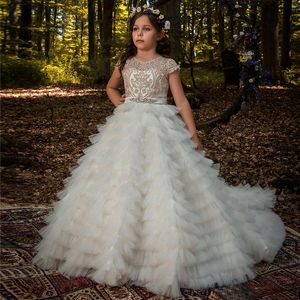 Moda Çiçek Kız Elbise Düğmesi Geri Dantel Prenses Elbiseler Katmanlı Uzun Etek Düğün Tül Kızlar Düğün Balo