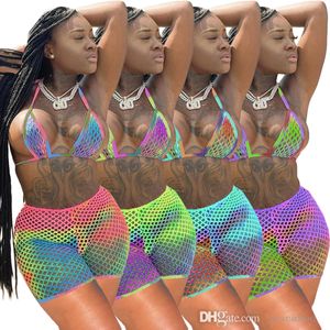 Designer Women Swimsuit 3 Piece Pants Set Beachwear Sexy Women's Beach Crop Top Tight Shorts Suit Mesh Tie Dye Bikini Tracksuits