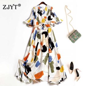 デザイナーバタフライスリーブレースアップカラフルなプリント女性夏のドレスエレガントなMidi Boho Beach Robe Femme Holiday Vestidos 210601