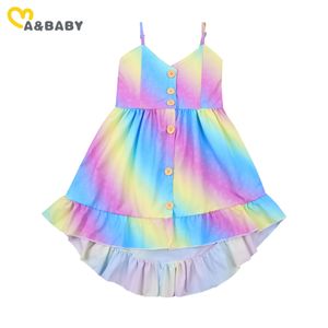 1-6Y Summer Rainbow Toddler Children Kid Girls Ruffles Dress V neck Beach Holiday Travel Dresses For 210515