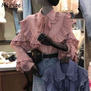 Vintage Ruffles Patchwork Women Blouse Autumn Korean Single Breasted Shirt Lace Up Turn-down Collar Femme Blusas 210422