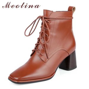 Meotina Genuine Leather High Heel Short Boots Ankle Boots Women Shoes Square Toe Block Heels Cross Tied Zip Lady Footwear Brown 210608