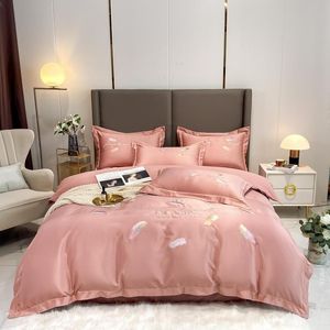 Sängkläder sätter lyx varm rosa set färgade fjädrar duvet täckt tvättad silke / bomull höger vinkel ark dubbelsäng hem textil