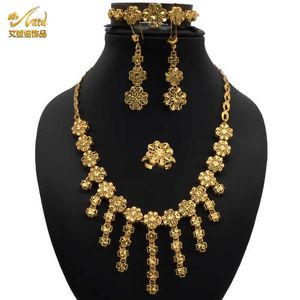 Aniid jóias colar nupcial conjunto para mulheres casamento Dubai jóias brincos de luxo anéis pulseira indiano 24k banhado a ouro H1022