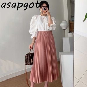 Simple Elegant Solid O Neck Three Quarter Blouse Flare Sleeve Shirts High Waist Pink Pleated Skirt Fashion Gentle Two Piece Set 210610