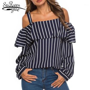 Frauen Casual Bluse Und Top 2021 Off Schulter Blusas Sexy Langarm Streifen Chiffon Tops 3930 50 frauen Blusen Shirts