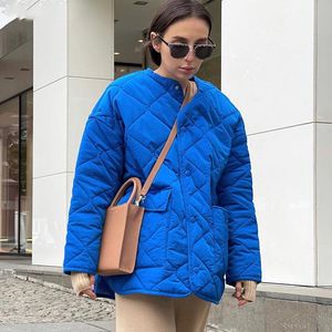 Women's Jackets 2021 Autumn And Winter Casual Loose Ladies Navy Blue Quilted Cotton Round Neck Jacket