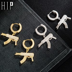 Hip Hop 1Pair Iced Zircon AK47 Gun örhänge Guldfärg Micro Paved AAA + Bling CZ Stone Örhängen för Män Smycken 220214