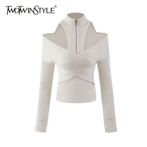 Twotwinstyle Cross Hollow Out Sweater para Mulheres Turtleneck Manga Longa Sexy Slim Tops Feminino Moda Roupas Fall 210517