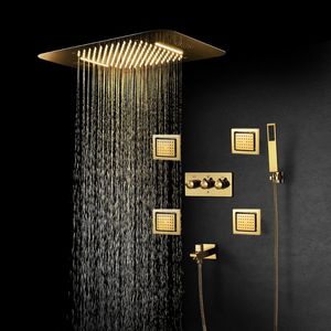 Badrumsdusch set guld termostatiskt regnsystem higt tryck vattenfall duschhead musik bluetooth tak ledpanel kran