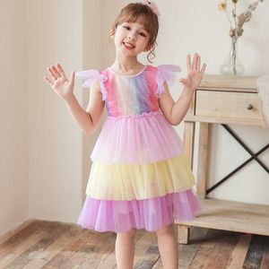 Kids Rainbow Sequin Dress for Girls Flare Sleeve Princess Party Costume Layered Tutu Clothing 210529