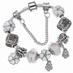 925 Sterling zilveren charme kraal fit Europese Pandora armbanden voor vrouwen DIY witte emaille vijf bloemblaadjes flowercharm kralen slang chain mode-sieraden