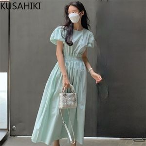 韓国のストレッチスリムウエスト女性のドレスエレガントなファッション夏のvestidosフェムメスウィートパフスリーブOネックドレス6j374 210603