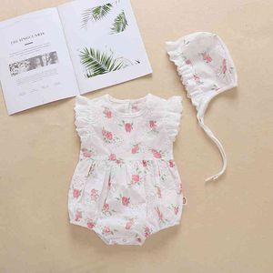 Summer Baby Clothes Sleeveless Cotton Hollow Out Flower Romper+Hat born Jumpsuit Sweet Girls Suit 210515