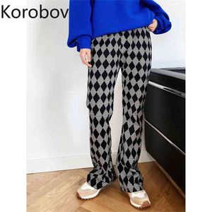 Korobov Spring New Women Plaid Striped Pants Vintage Office Lady Elegant Fashion Trousers Harajukju Streetwear Pants 210430