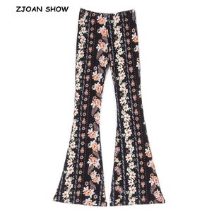 Svart Blomma Tryck Flare Byxor Sexiga Kvinnor Bohemian Tribal African Long Trousers Bell Bottom Leggings Hippie 210429