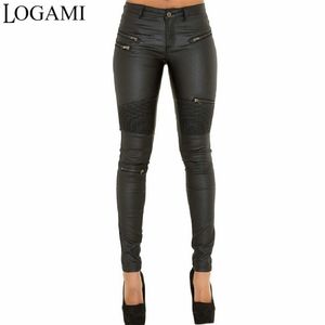 LOGAMI Faux Leather Pant Elastic Zipper Leather Pants Trousers Leren Broeken 210721