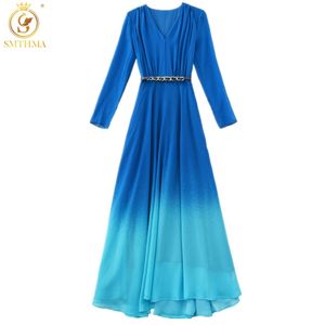 Moda Primavera Maxi Vestido Robe de Alta Qualidade Mulher Feminina Vintage Elegante Gradient Vestidos com Cinto 210520